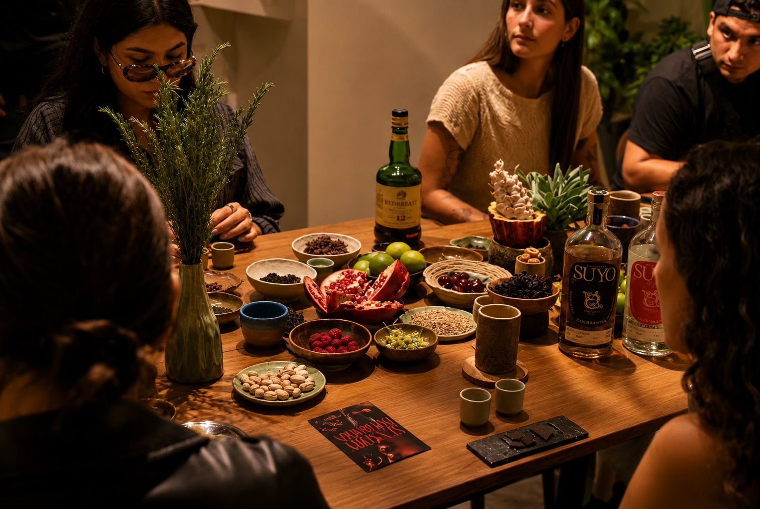 Mesa de cata con insumos, destilados y cerámica